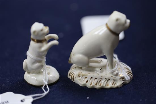 A rare Rockingham gilt and white porcelain figure of a begging pug and another of a seated pug, c.1826-30, 5.5cm and 6.5cm, former rest